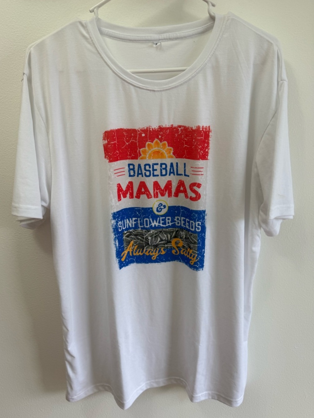 Baseball Mamas & Sunflower Seed White Tee with Red, Blue & Yellow Graphic